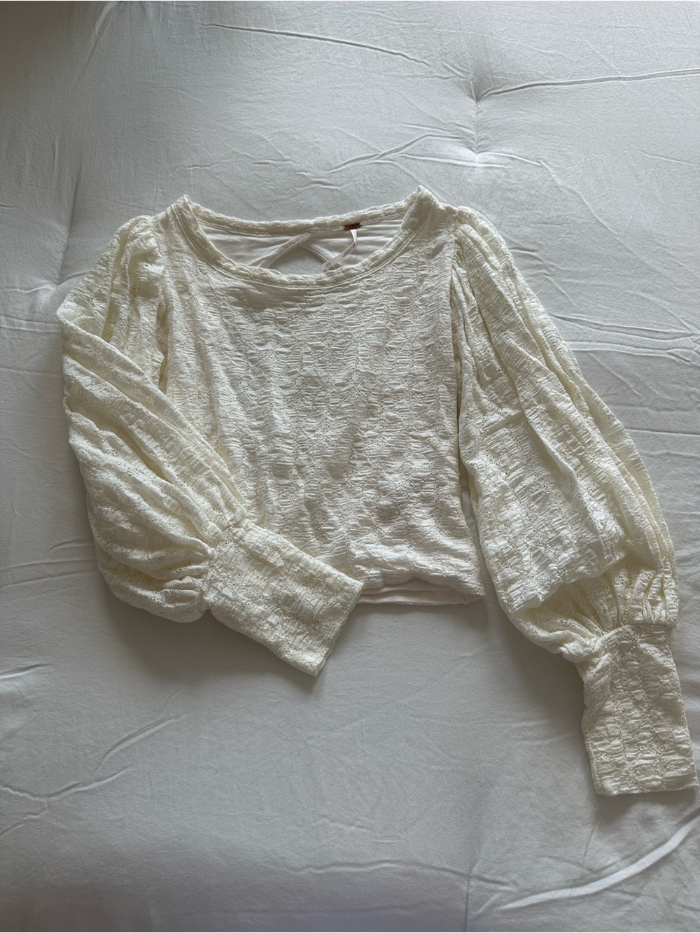 Free People Cream Textured Puff Sleeve Top
